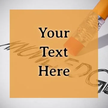 Composition of your text here over text and pencil with eraser Stock Photos