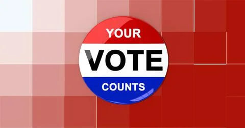 Composition of your vote counts text on badge with american flag on pixelated Stock Illustration