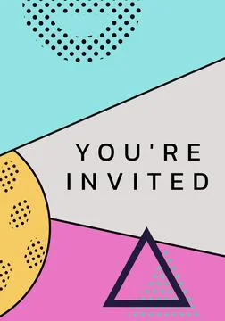 Composition of you're invited text with geometric patterns on blue, grey and 스톡 일러스트