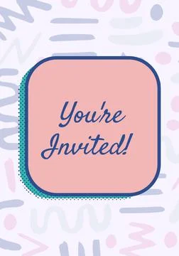 Composition of you're invited text on pink tablet over grey patterns on pink Stock Illustration