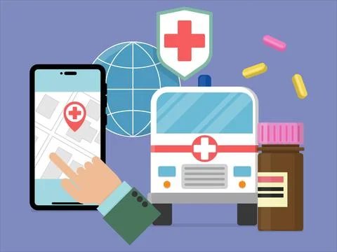 Compositional image consists of cell phone, hand, ambulance, globe with shield Stock Illustration