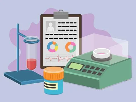 Compositional image consists of clipboard with test result, test tube holder Stock Illustration