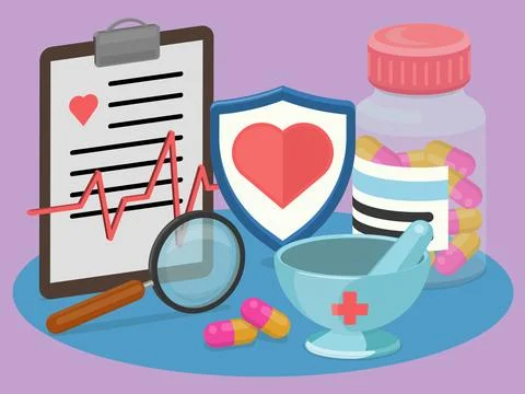 Compositional image consists of clipboard with test result, shield, pills bottle Illustrazione stock