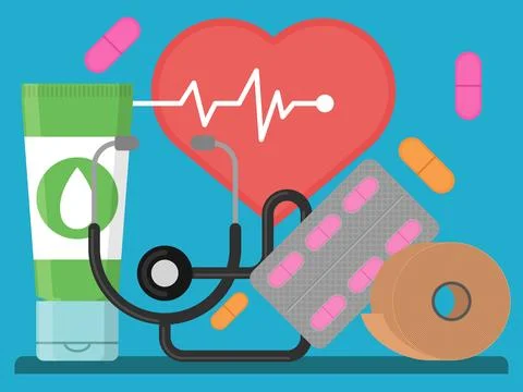 Compositional image consists of creame, heartbeat, pills, blister, stethoscope Stock Illustration