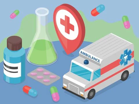 Compositional image consists of emergency ambulance, pills, lab flask and Stock Illustration