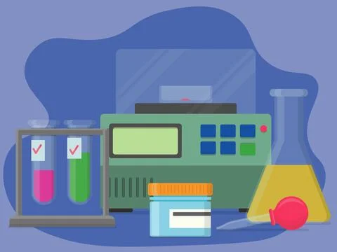 Compositional image consists of labs test tubes, incubator, glass flask, pipette Stock Illustration