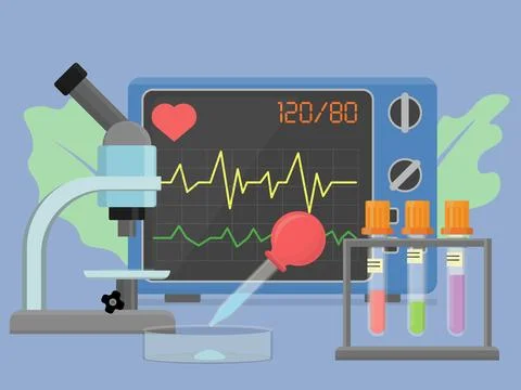 Compositional image consists of microscope, digital monitoring display, pipette Stock Illustration