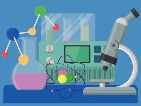Compositional image consists of molecular mesh, lab incubator, microscope and Stock Illustration