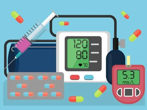 Compositional image consists of syringe, pills, glucometer and tonometer Stock Illustration