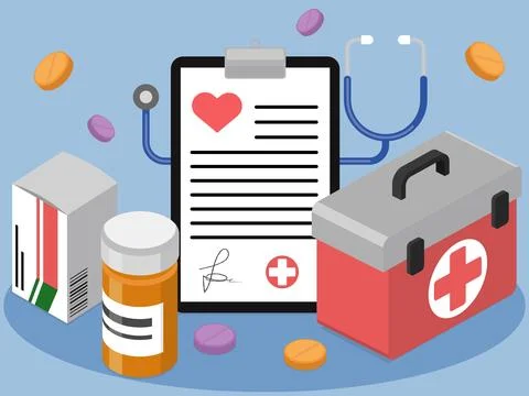 Compositional image with elements of pills, pills in a box, clipboard Stock Illustration