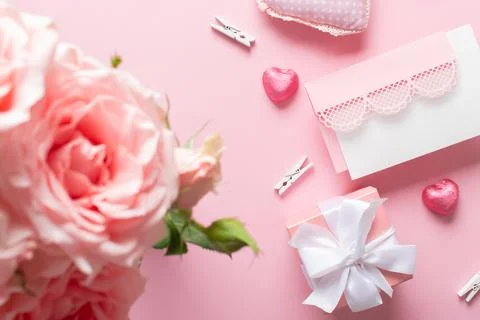 Compositions for Valentine's Day. Romantic setting. Copy space. Flat lay, top Stock Photos