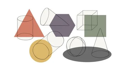 Compositions of wireframe solid shapes and color geometric figures. Abstract  库存插图