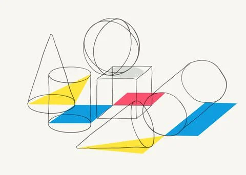 Compositions of wireframe solid shapes and color geometric figures. Abstract  Stock Illustration