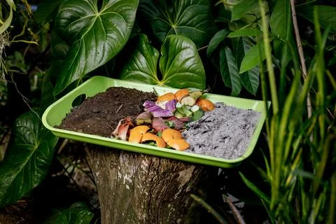 Compost and composted soil cycle as a composting pile of rotting kitchen sc.. Stock Photos