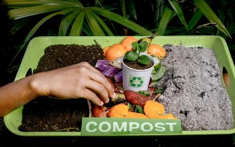 Compost and composted soil cycle as a composting pile of rotting kitchen sc.. Stock Photos