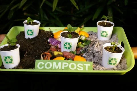 Compost and composted soil recycle on waste paper cups Stock Photos