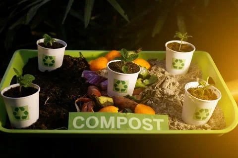 Compost and composted soil recycle on waste paper cups Stock Photos