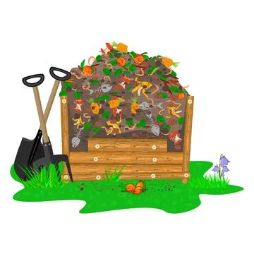 Compost box with with organic material and worms isolated on white background Stock Illustration