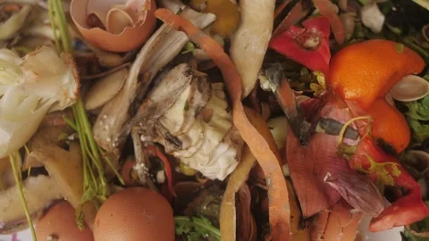 Compost heap close-up. Various biodegradable human waste. Sorted organic, food Stock Footage 277685115