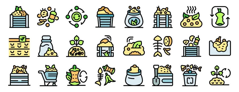 Compost icons showing composting process and organic waste recycling 스톡 일러스트