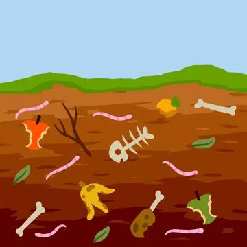 Compost soil. Layer of earth in section with worms. Farming and food waste Stockillustratie