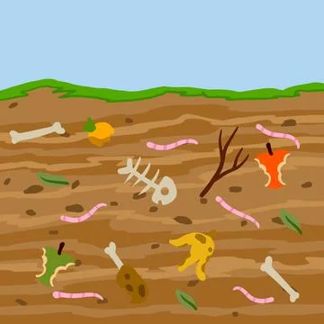 Compost soil. Layer of earth in section with worms. Farming and food waste Stockillustratie