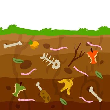 Compost soil. Layer of earth in section with worms. Farming and food waste Stockillustratie
