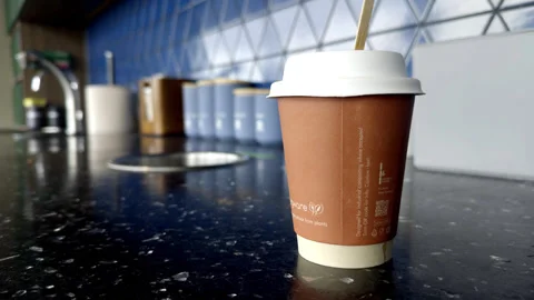 Compostable Takeaway Coffee Cup on Office Kitchen Counter Stock Footage 346726418
