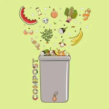 Composting bin with falling kitchen scraps, fruits and vegetables. No food wa Stock Illustration