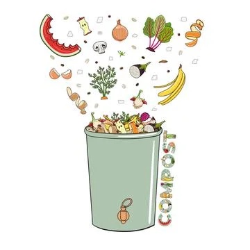 Composting bin with falling kitchen scraps, fruits and vegetables. No food wa Stock Illustration