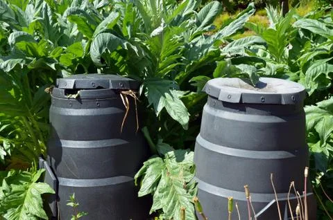 Composting bins in garden Stock Photos