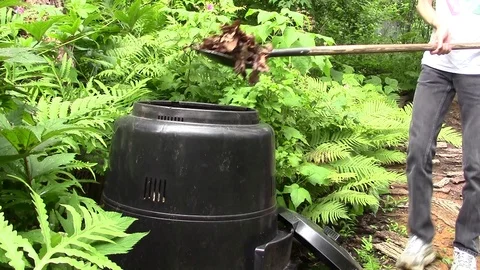 Composting dry leaves added to compost bin by young man with shovel. Video stock 87845203