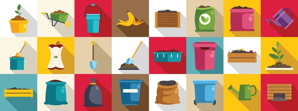 Composting icons set. Colorful compost icons represent the process of compost Stock Illustration