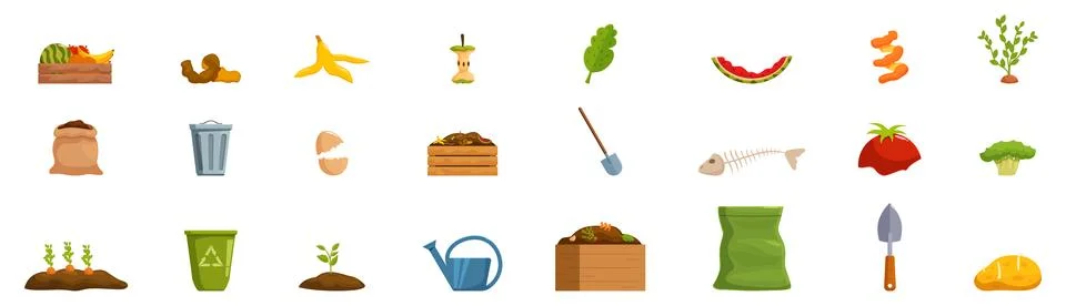 Composting icons set. Composting transforms organic waste into nutrient rich  Stock Illustration