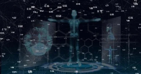 Compostion of network of connections over virtual screen with medical icons 스톡 일러스트