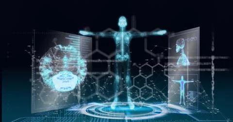 Compostion of network of connections over virtual screen with medical icons Stock Illustration