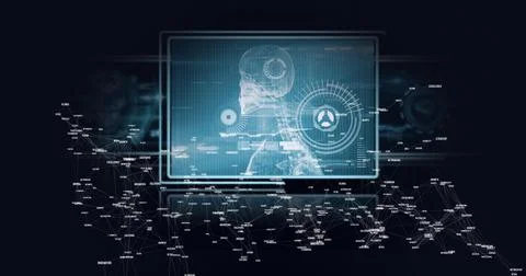 Compostion of network of connections over virtual screen with medical icons 스톡 일러스트
