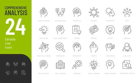 Comprehensive analysis Line Editable Icons set. Stock Illustration