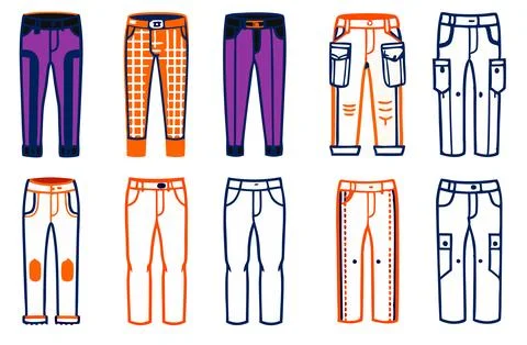 Comprehensive apparel technical flat icon set featuring various men's women.. Ilustração Stock