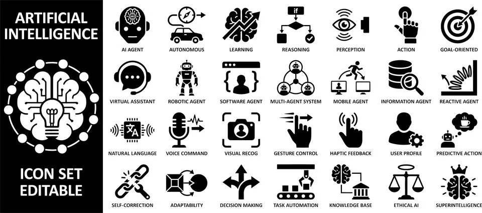 Comprehensive artificial intelligence icon set for diverse applications Stock Illustration