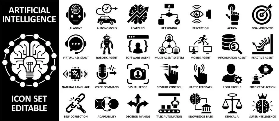 Comprehensive Artificial Intelligence Icon Set for Various Applications Stock Illustration
