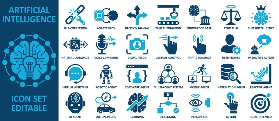 Comprehensive artificial intelligence icons set for modern technology concept Stock Illustration