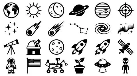 Comprehensive astronomy and outer space exploration icon set vector graphics Stock Illustration