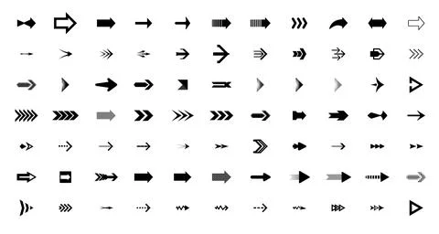 Comprehensive black arrow icons grid, Massive collection of vector pointers,  Illustrazione stock