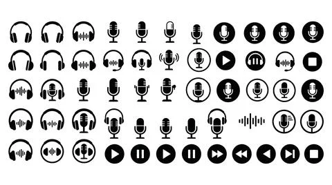 Comprehensive collection audio equipment media control black vector icons set Stock Illustration