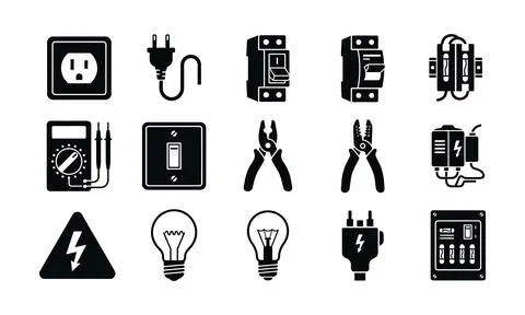 Comprehensive collection of black electrician tools and electrical symbols Stock Illustration