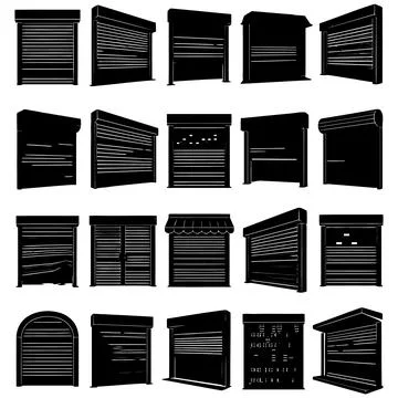 A comprehensive collection of diverse black shutter door silhouettes in var.. Stock Illustration