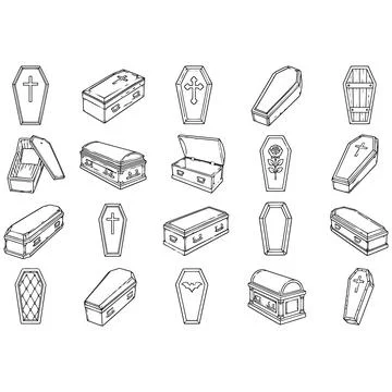 A Comprehensive Collection of Hand-Drawn Coffin and Casket Icons for Funera.. Stock Illustration