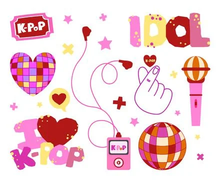 A comprehensive collection of K-Pop fan elements including idol lettering, .. Stock Illustration