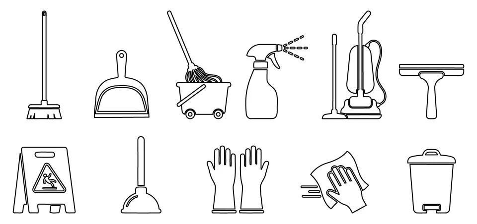 A comprehensive collection of line art vector icons representing essential .. Stock Illustration